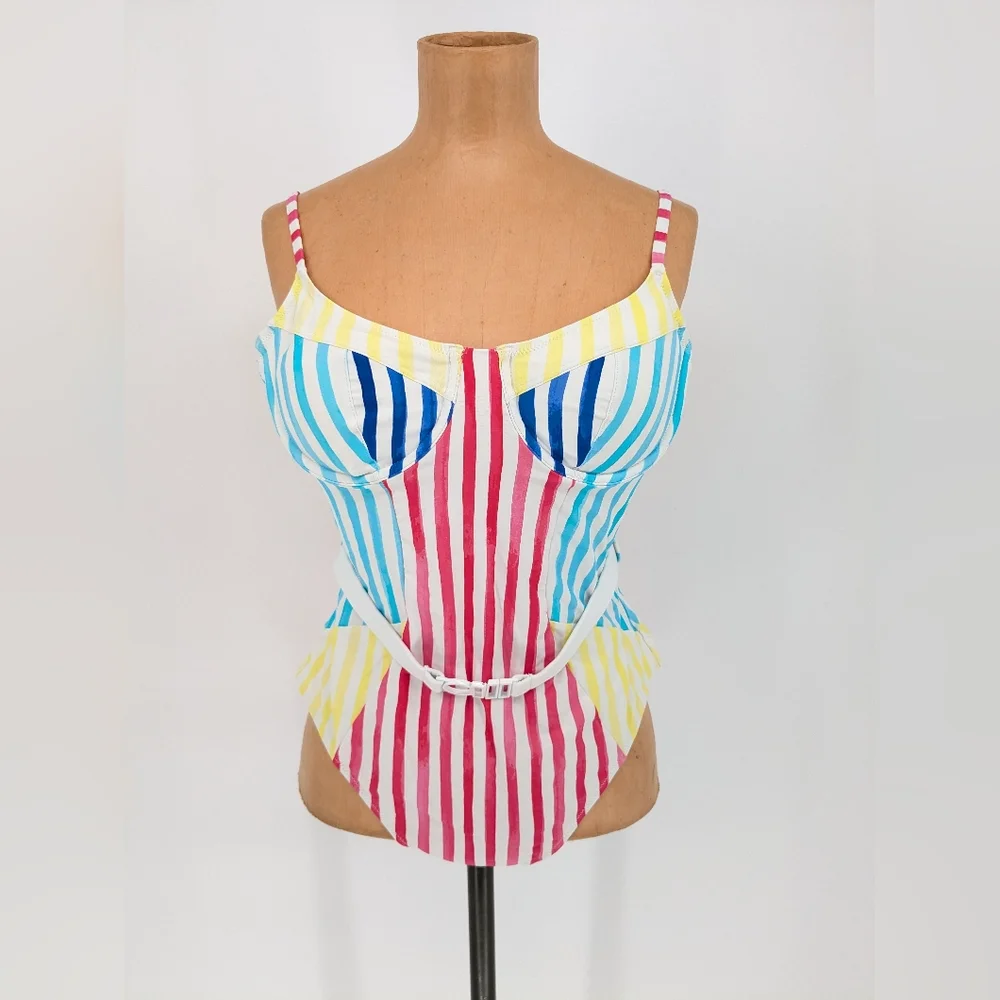 Solid & Striped The Spencer One Piece Colorblock Watercolor Stripe Swimsuit XL - Picture 2 of 12